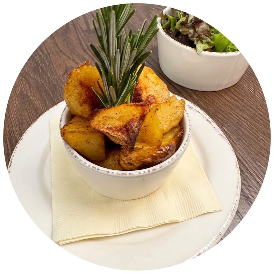 Bowl of roasted potato wedges garnished with rosemary, served on a plate beside a small bowl of leafy salad.