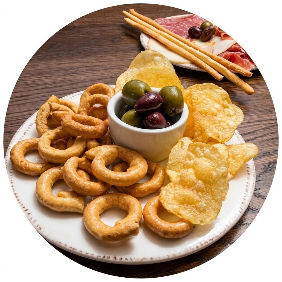 Assorted Mediterranean appetizers, including fried rings, potato chips, olives, cured meats, cheese, and breadsticks on a plate.