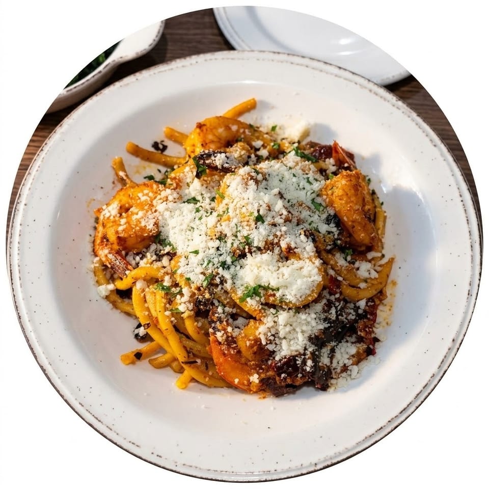 Plate of pasta topped with shrimp, roasted vegetables, herbs, and crumbled white cheese.
