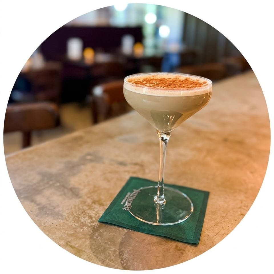 Creamy cocktail topped with cinnamon sits in a martini glass on a green coaster at a softly lit bar.