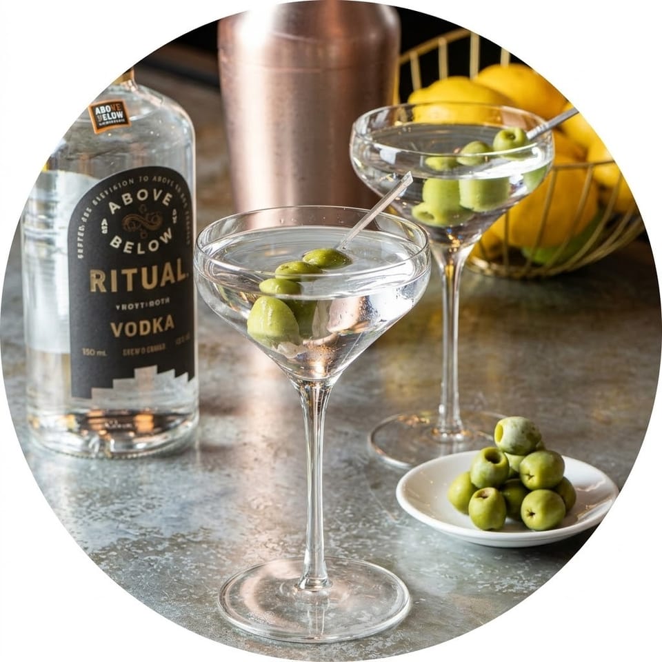 Two vodka martinis garnished with green olives beside an Above Below Ritual Vodka bottle, olive dish, and lemons.