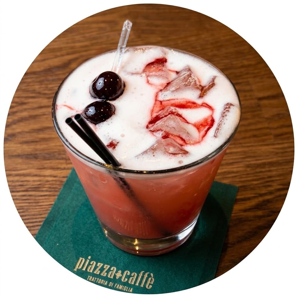 Pink frothy cocktail garnished with dark berries and fruit slices, served with straws on a Piazza & Caffè napkin.