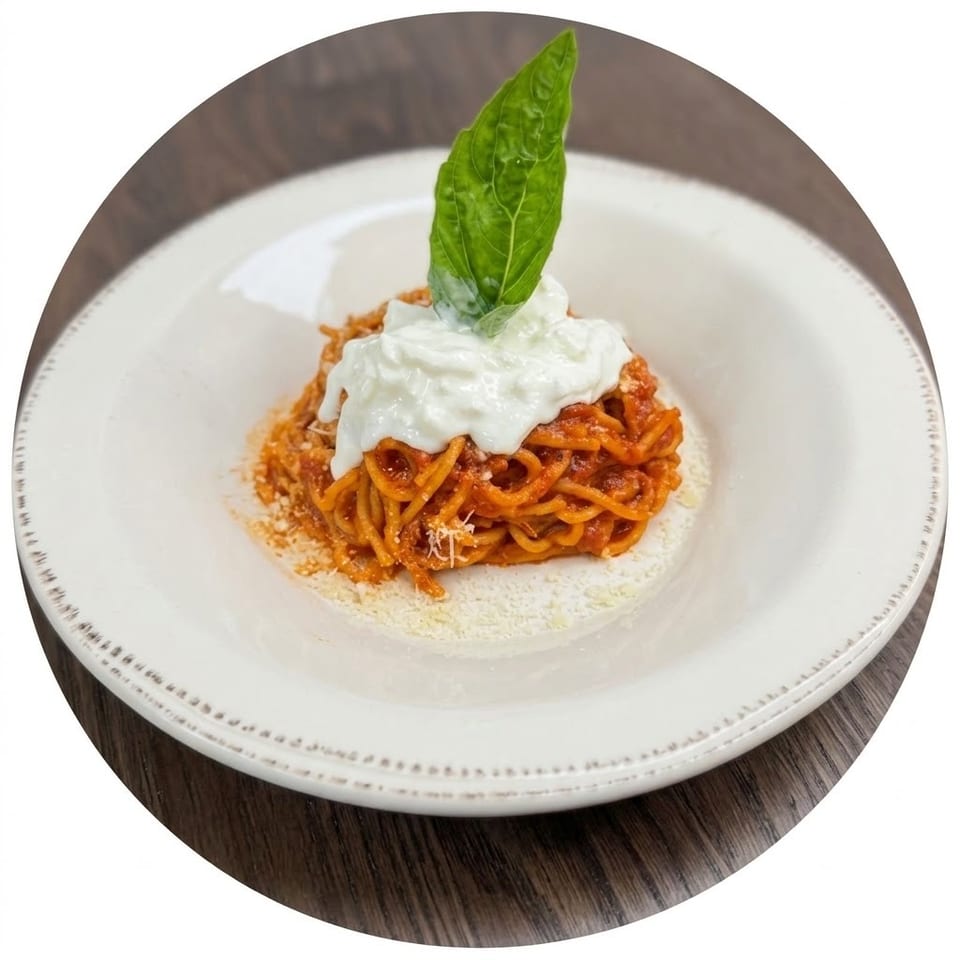 Plate of spaghetti in red sauce topped with creamy cheese, grated Parmesan, and a fresh basil leaf.