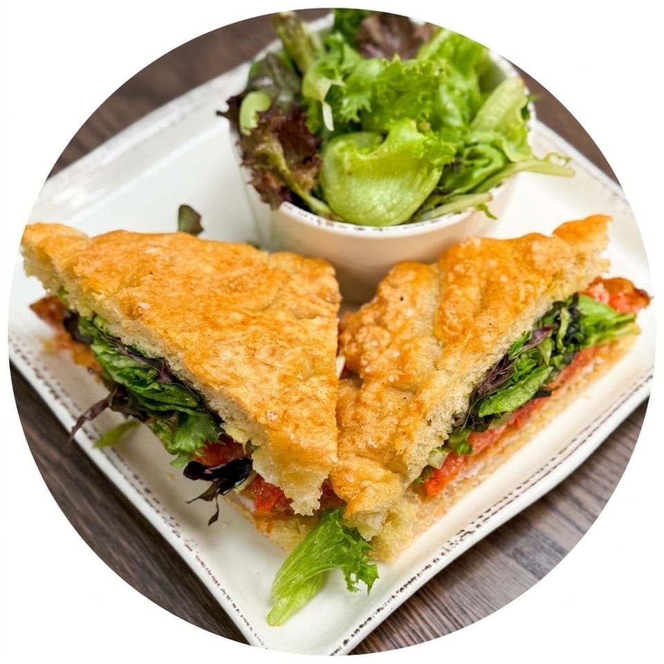 Toasted sandwich triangles filled with mixed greens and tomatoes, served on a plate with a side salad.